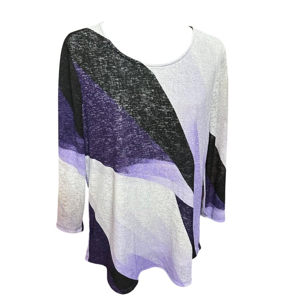 Chico's Shirt Size 2 L Purple Black White Easywear Abstract 3/4 Sleeve Women Top